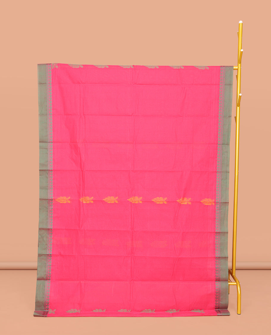 Pink Kanchi Cotton Saree, Woven with Buttas All Over Its Body, Complemented by Contrast Border, Pallu of Paisleys and Geometric Designs, and Paired with a Matching Blouse