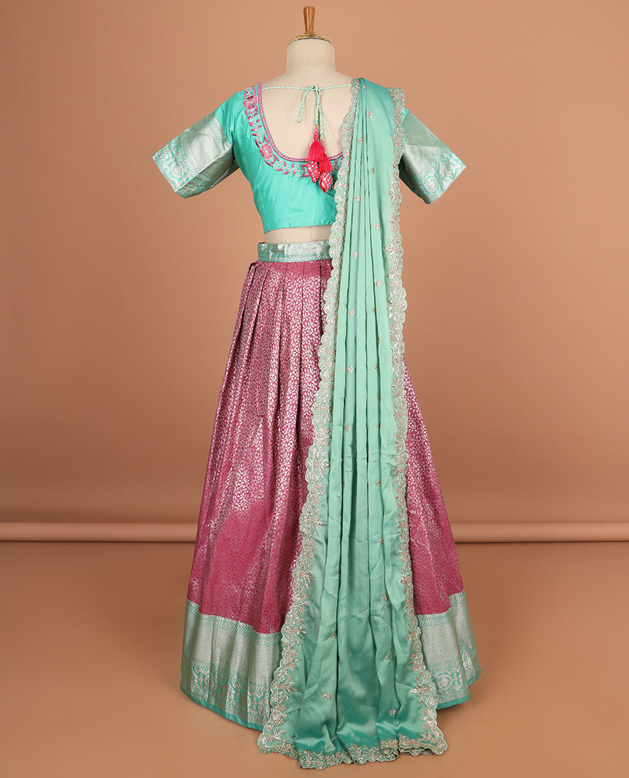 pink floral jacquard half saree with self floral zaei design border , zari design bluse & plain, zari design border dhavani