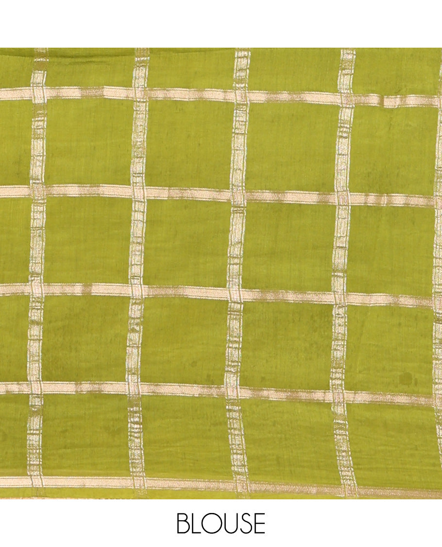 Borderless Green Assam Silk Saree, Richly Detailed with Bandhani-Dotted Ghar Chola Design on Its Body, Gleaming Zari Pallu, and Paired with a Matching Blouse