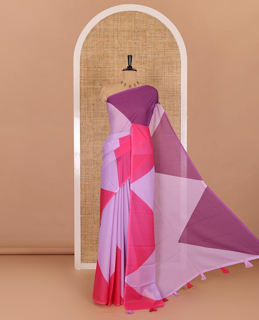 Borderless lavender plain moss chiffon saree, contrast double-sided temple border, self-pallu, and diamond-patterned printed blouse