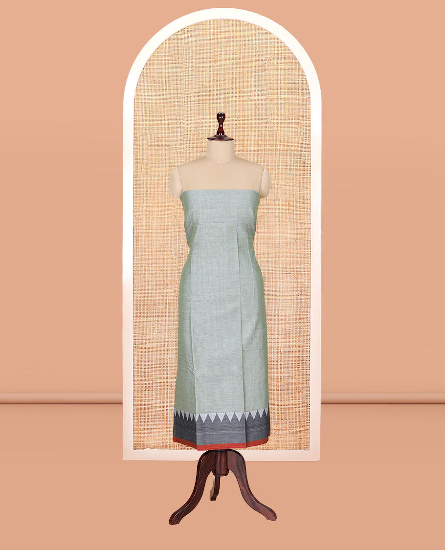 Pista Green Mercerised Cotton Material Churidar Features Plain Top, Contrast Thread Temple Border, Matching Bottom, Temple Dupatta