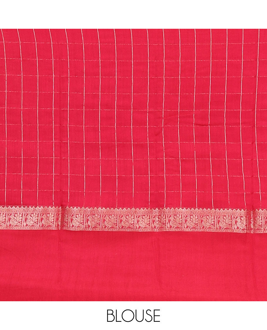 White Assam Silk Saree Sparsely Sparkled with Zari Checks, Complemented by Captivating Contrast Border Featuring Bird Designs, Gleaming Zari Striped Steeped Pallu, and Paired with a Contrast Blouse