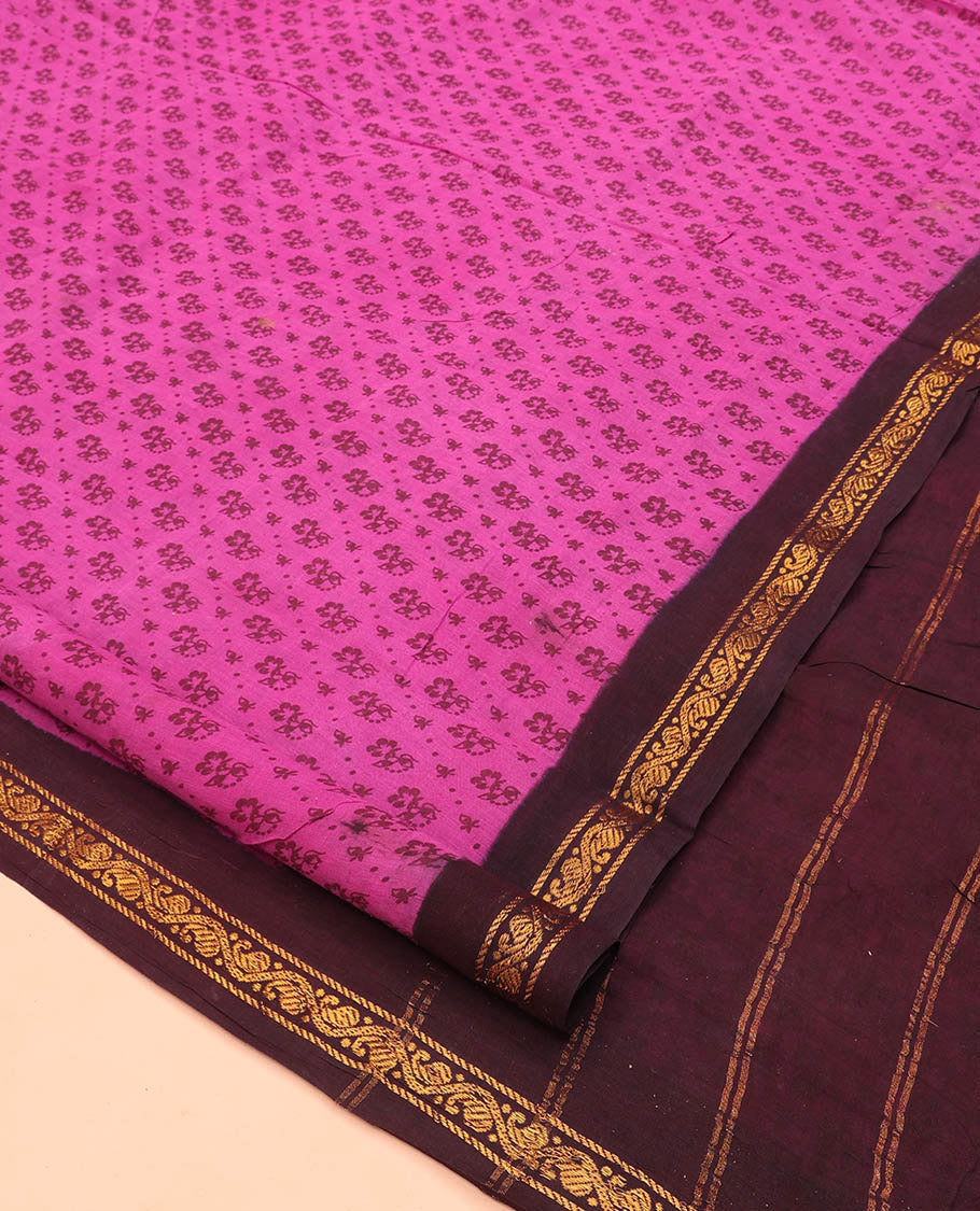 Pink Nine Yard Cotton Saree, Detailed with Buttas, Complemented by Contrast Paisley Vine Border, Pallu of Stripes, and Comes Without a Blouse