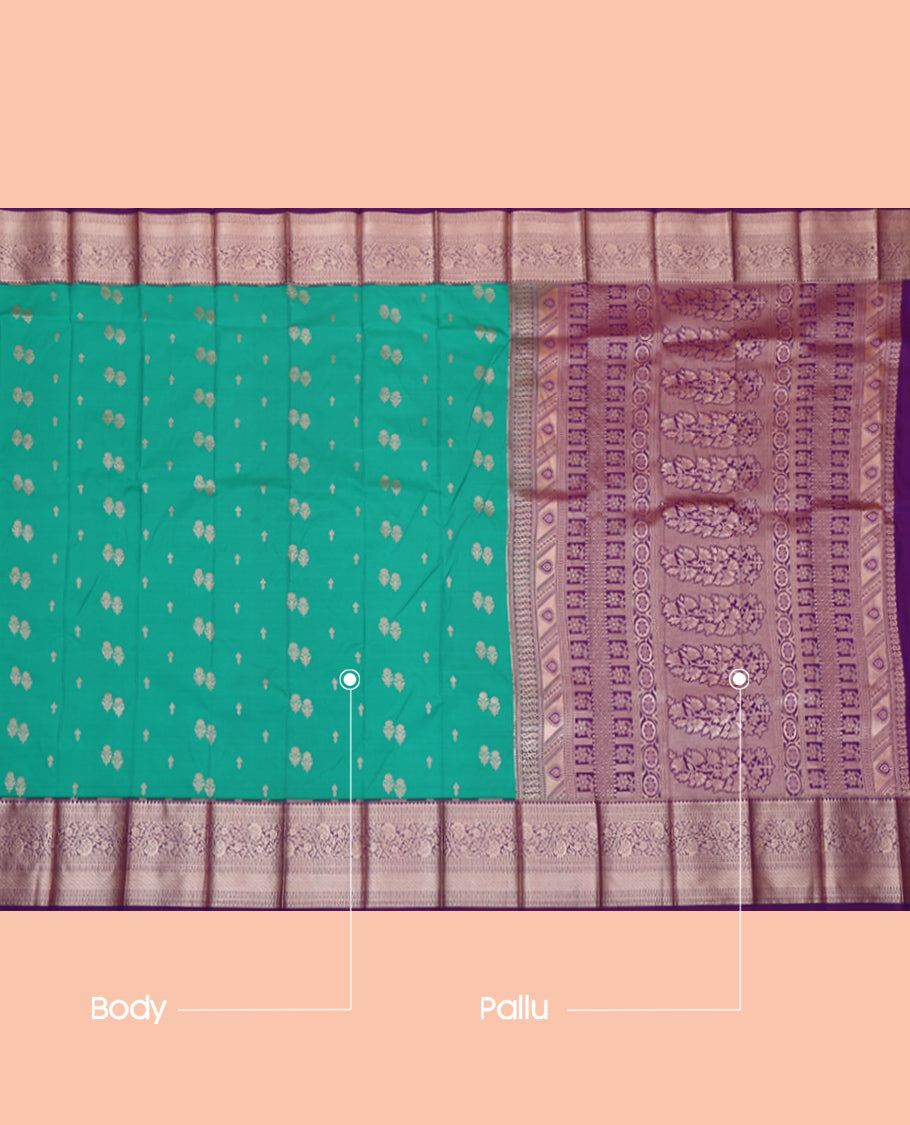 Green Budget Silk Saree, Detailed with Zari Buttas, Complemented by a Contrast Traditional Zari Border, Grand Pallu, and a Contrast Blouse