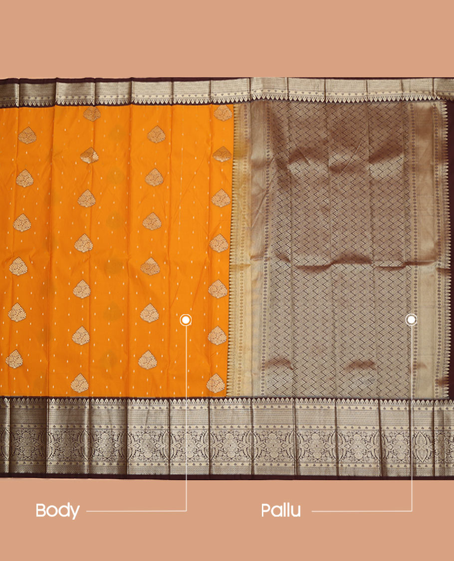Orange Budget Silk Saree, Beautifully Bedecked with Zari Buttas All Over Its Body, Complemented by a Contrast Traditional Zari Design Border, Grand Jaal Pallu, and Paired with a Contrast Blouse