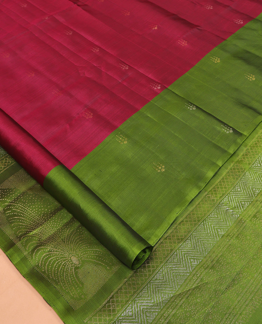 Wine Mayuri Lite Silk Mix Saree, Woven with Zari Buttas, Complemented by a Contrast Border, a Grand Pallu, and a Contrast Blouse