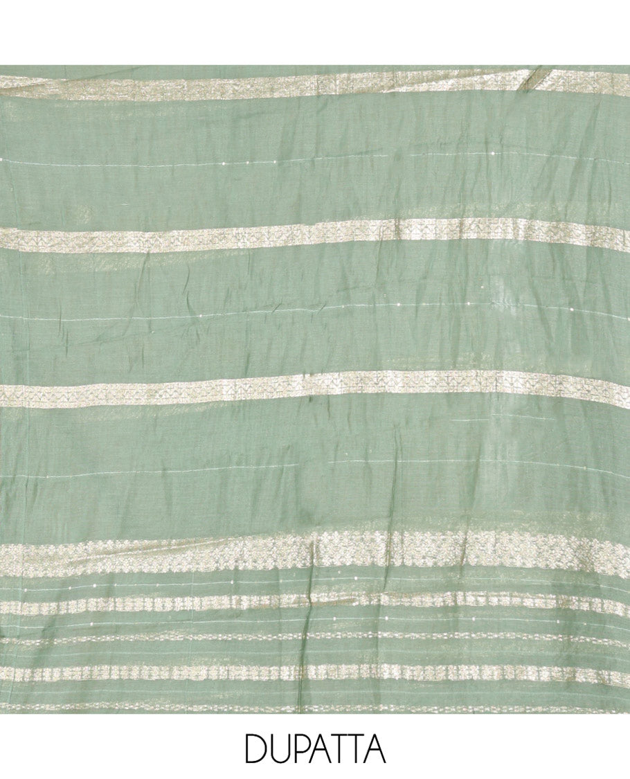 Pista Green Material Churidar Set, Elevated with Zari Buttas and Crosia Lace with Mirror Work Chanderi Top, Comes with a Plain Bottom, Zari Woven Chanderi Dupatta