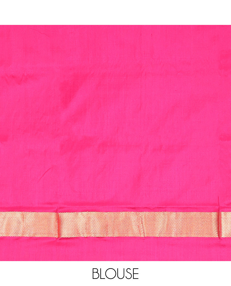 Pink-White Pochampally Ikat Saree, Mesmerized with Geometric Ikat Designs, a Contrast Zari Border, Ikat-Style Jaal Pallu, and a Contrast Blouse