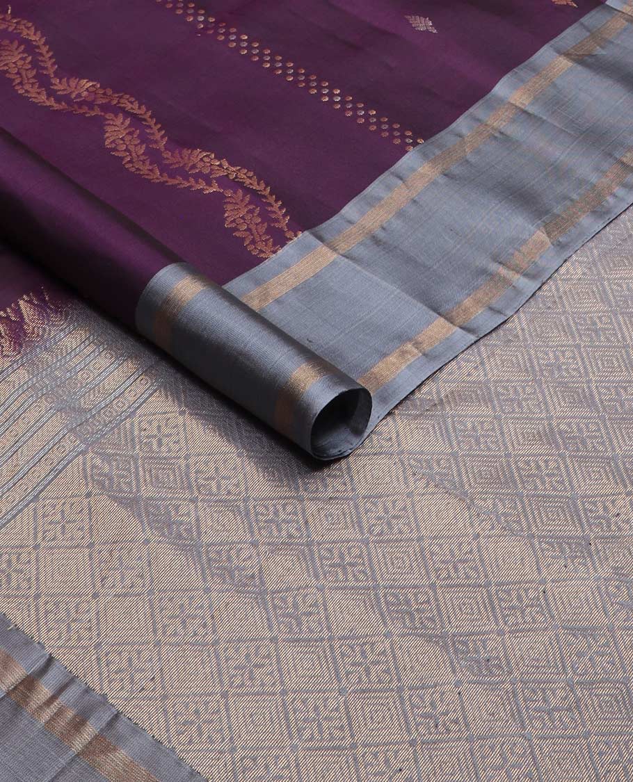 Purple zari buttas silk mix saree, contrast rettai pettu zari striped border & pallu of jaal designs