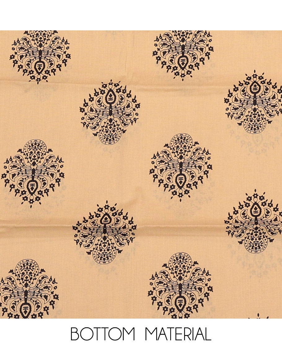 Sandal Material Churidar Set, Detailed with Unique Motif Print and Neck Work Cotton Top, Printed Bottom, and Sandal-Black Printed Chiffon Dupatta