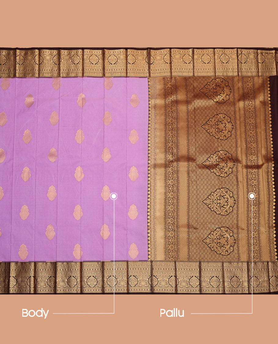 Lavender Budget Silk Saree, Decked Up with Zari Buttas, Complemented by a Contrast Traditional Zari Border, Grand Pallu, and a Contrast Blouse