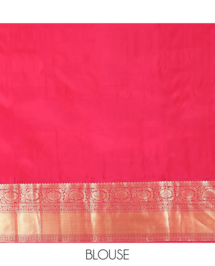 Brown Vasundhara Silk Saree, Woven with Zari Buttas and Stripes, Complemented by Contrast Border of Thilakam Mokku, Puli Nagam, and Kodi Visiry Designs, Vanki Pallu, and Contrast Blouse