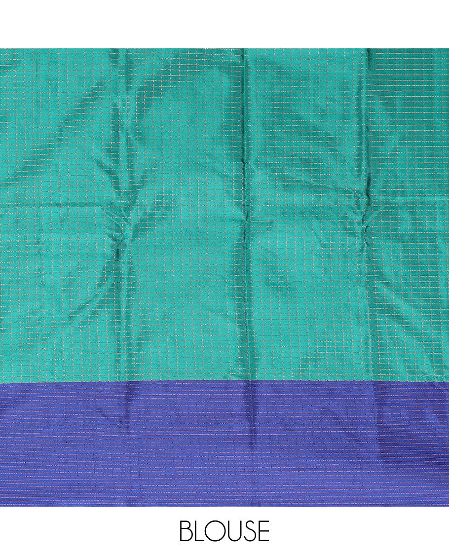 Sea green checked gift silk saree with contrast striped border & striped pallu