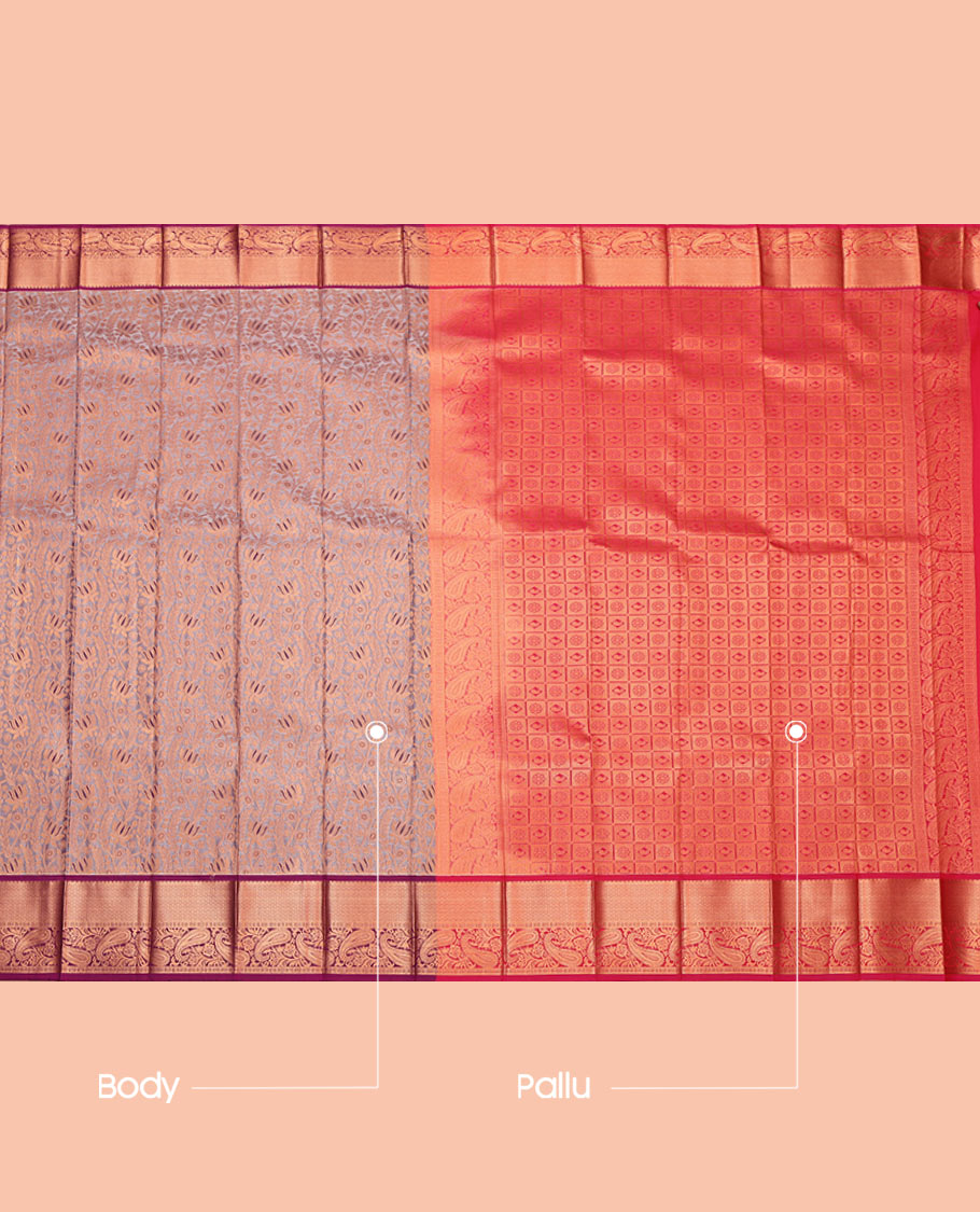 Grey Budget Silk Saree, Bedecked with Jacquard Design, Complemented by a Contrast Traditional Zari Border, Grand Pallu, and Contrast Blouse