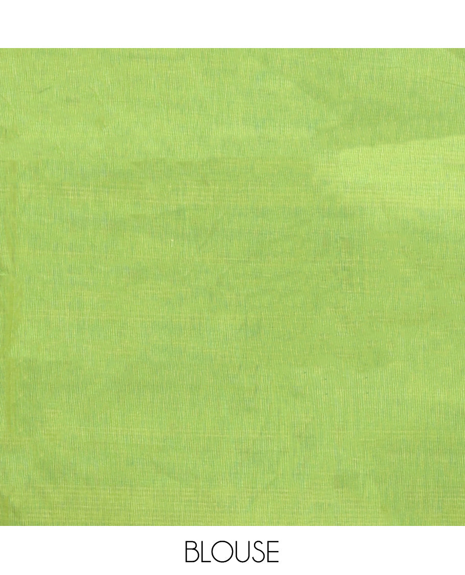 Parrot Green Plain Chettinad Cotton Saree, Complemented by a Contrast Traditional Zari Design Woven Border, Pallu of Stripes, and Paired with a Matching Blouse