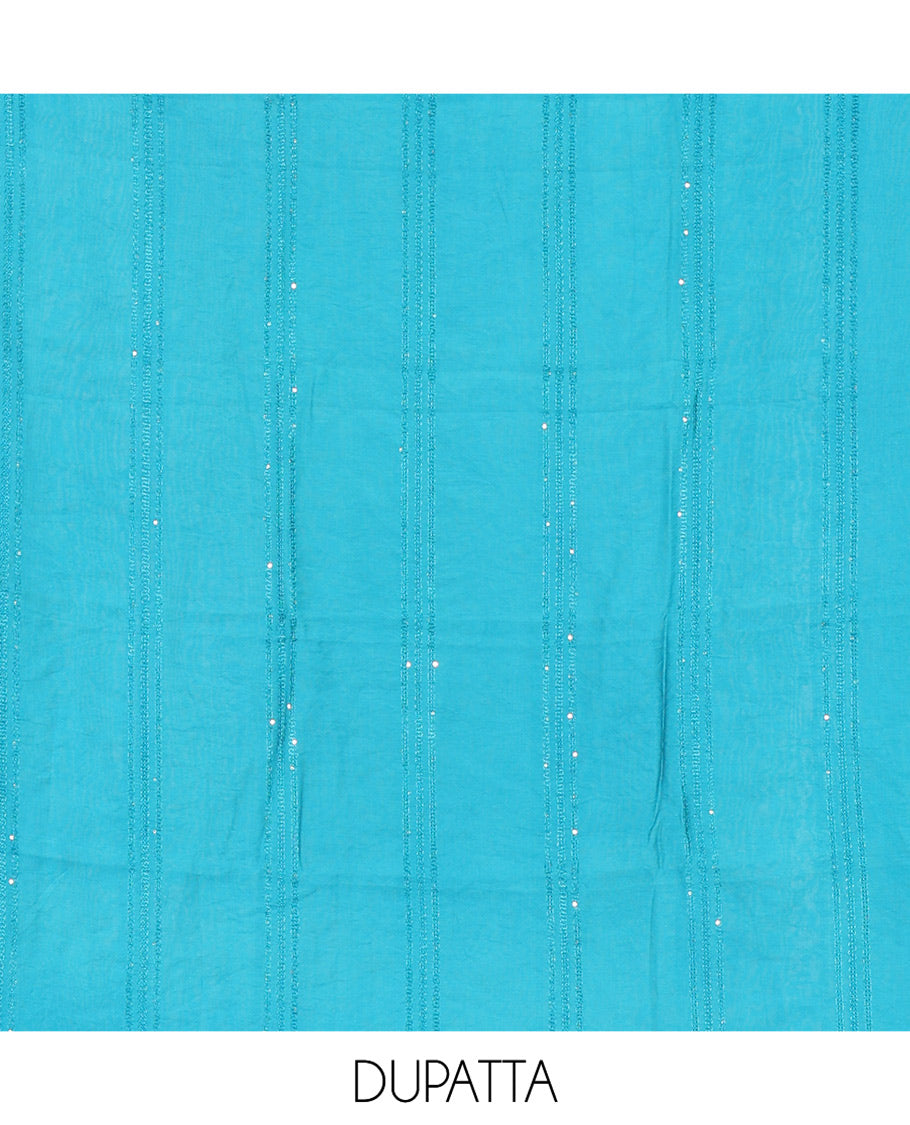 Multi-Color Shimmer Tissue Material Churidar, Detailed with Madras Checks Neckwork Top, a Contrast Bottom, Sequins Striped Dupatta