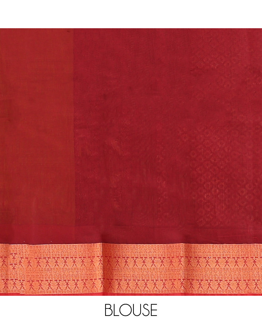 Yellow Semi-Silk Cotton Saree, Subtly Enriched with Zari Buttas All Over Its Body, Highlighted by a Zari Traditional Design Border, Complemented by a Contrast Pallu of Jaal Design, and Paired with a Contrast Blouse
