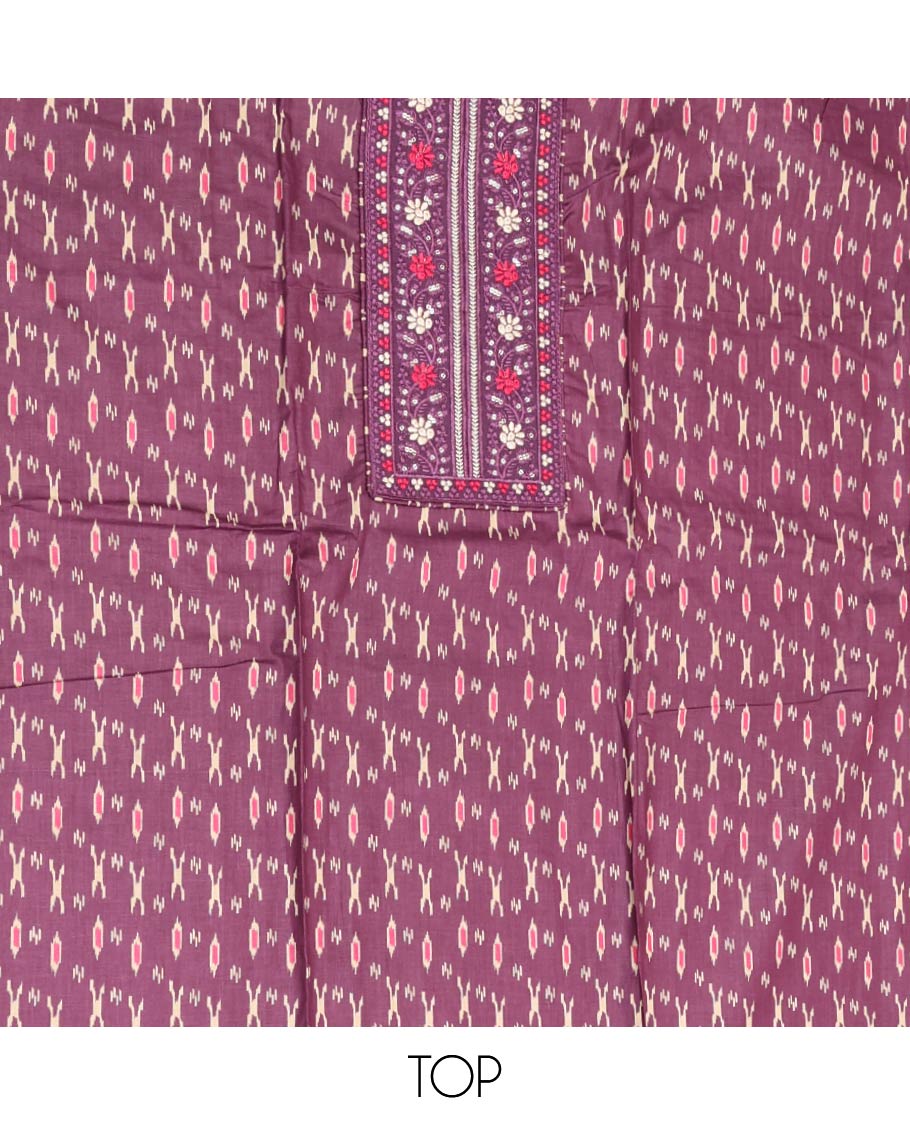 Purple Material Chudidar Set, Ornamented with Ikkat-Style Buttas Printed and Neck Embroidery Cotton Top, Complemented by Contrast Printed Cotton Bottom, and Paired with Ikkat-Style Printed Cotton Dupatta