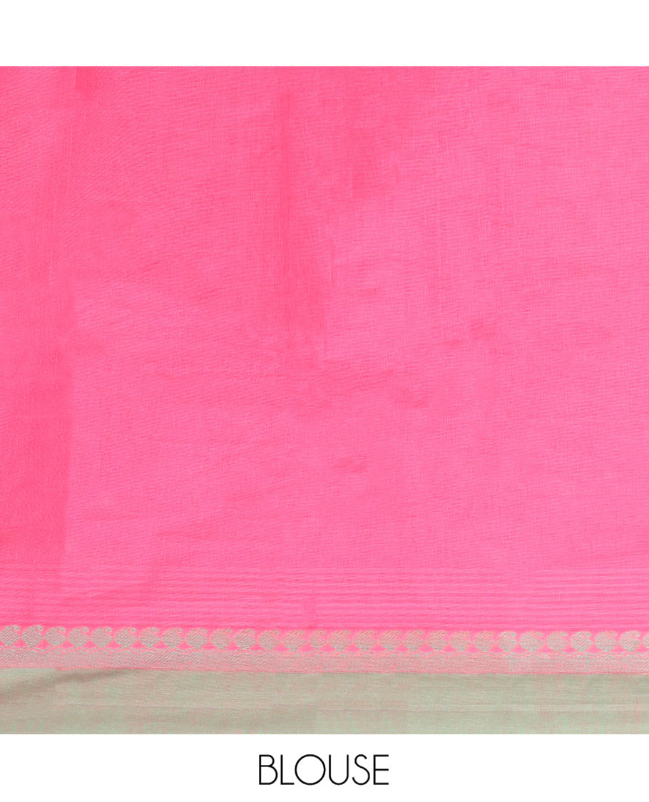 Pink Kanchi Cotton Saree, Woven with Buttas All Over Its Body, Complemented by Contrast Border, Pallu of Paisleys and Geometric Designs, and Paired with a Matching Blouse