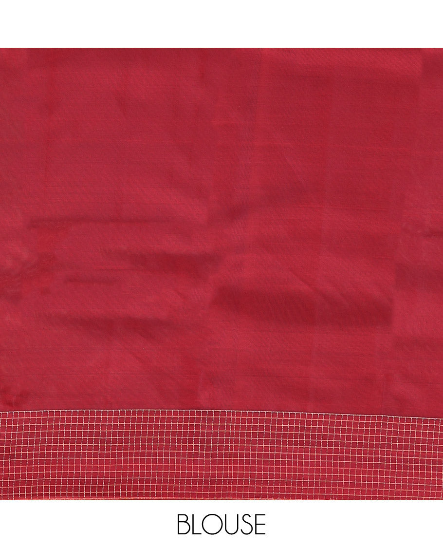 Orange Vasundhara Lite Silk Mix Saree, Enriched with Zari Buttas, Complemented by a Contrast Checked Border, Grand Jaal Pallu, and a Contrast Blouse