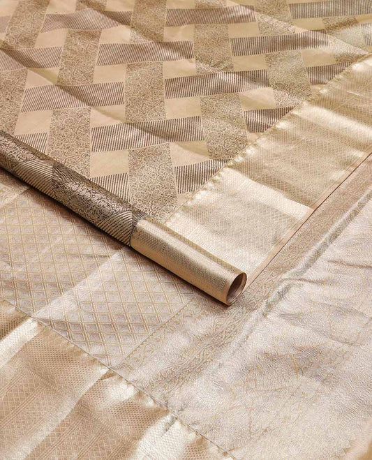 Brown floral, geometric design kancheepuram tissue silk saree contrast border of intricate zari design & argyle design pallu