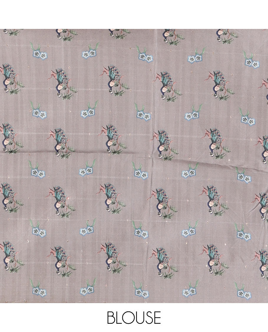 Grey gold zari dotted buttas semi tussar saree, contrast temple border features peacocks on the brand design print, striped pallu, and printed blouse