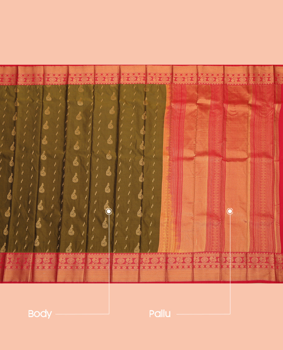 Brown Budget Silk Saree, Crafted with Zari Buttas, a Contrast Traditional Zari Border, Grand Pallu, and a Contrast Blouse
