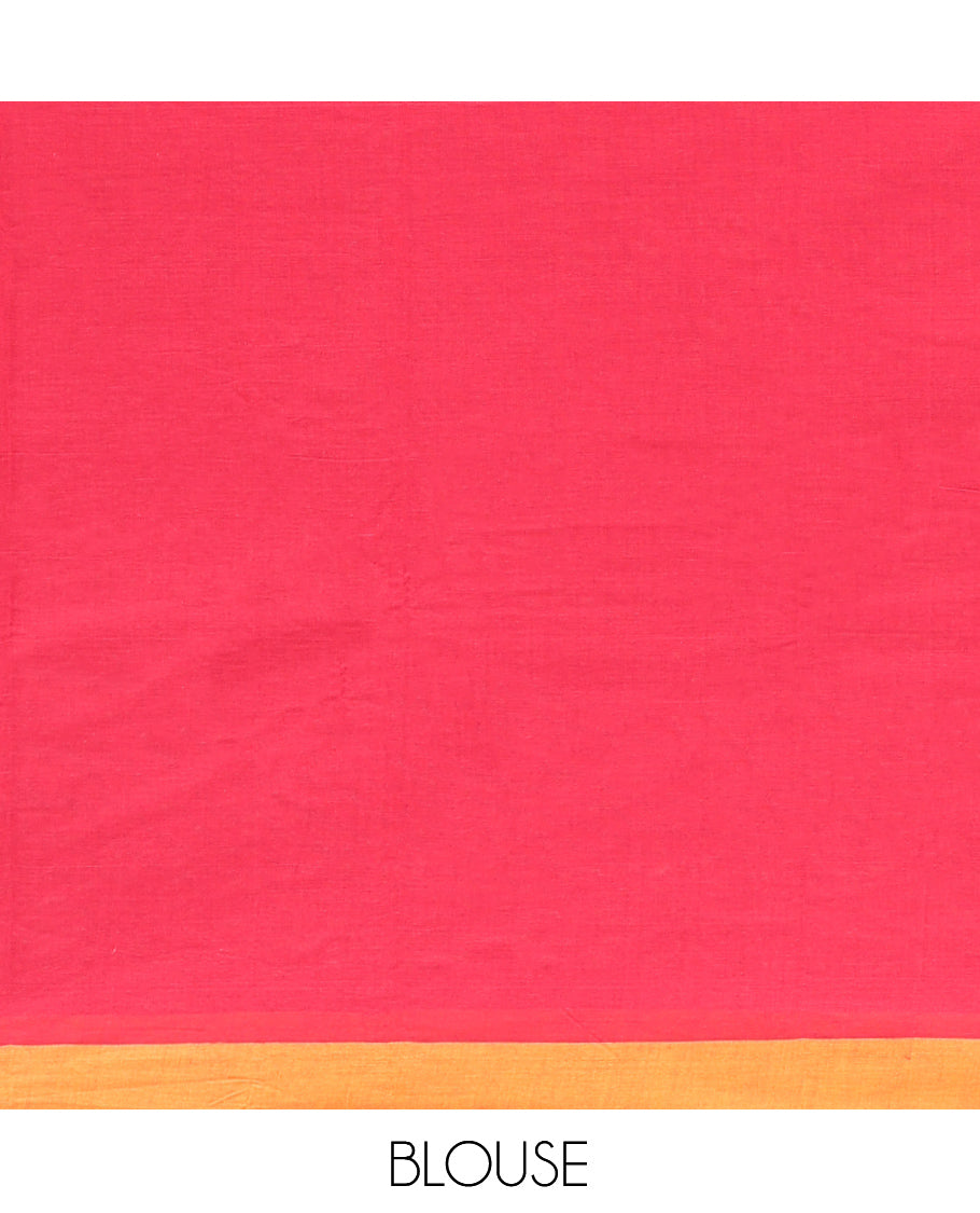 Red Kanchi Cotton Saree Features Buttas on Its Body, Complemented by a Contrast Border, Floral-Geometric Design Pallu, and a Matching Blouse