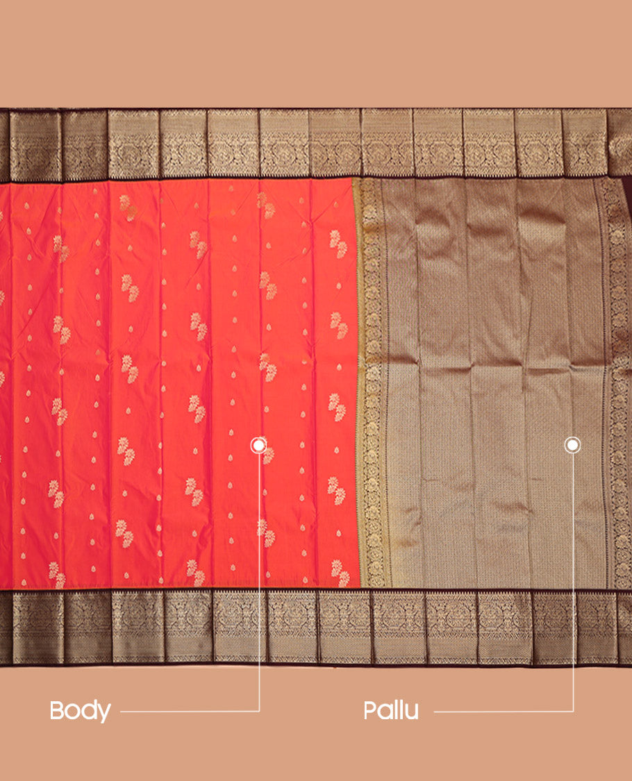 Orange-Pink Budget Silk Saree, Woven with Zari Buttas, Contrast Tradittional Zari Border, Jaal Pallu, and a Contrast Blouse