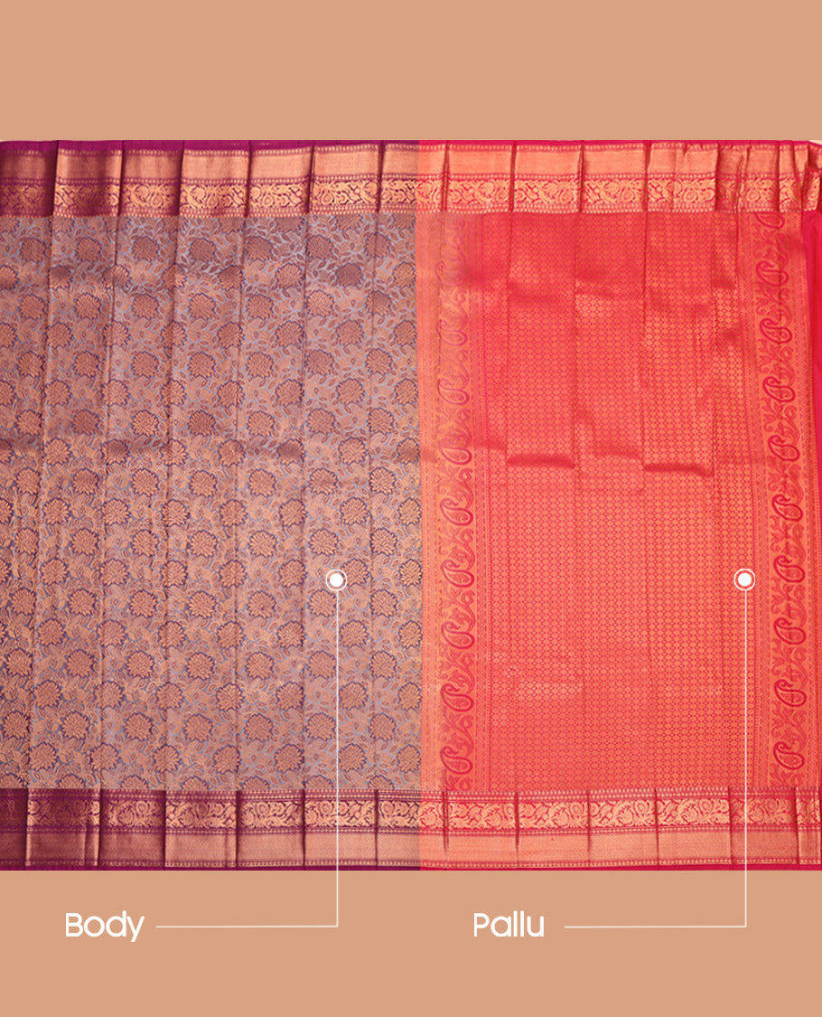 Grey Budget Silk Saree, Elegantly Highlighted with Floral Jacquard Design, Complemented by Contrast Traditional Zari Border, Grand Pallu and a Contrast Blouse