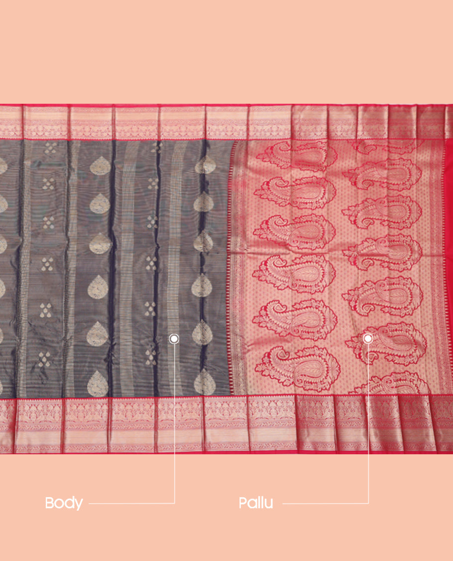 Navy Budget Silk Saree, Steeped in Richness of Zari Buttas and Stripes, Complemented by a Contrast Traditional Zari Border, Paisley Pallu, and a Contrast Blouse