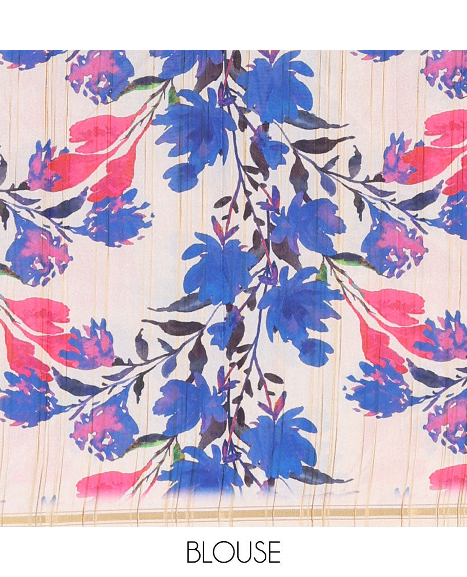 Borderless dark blue kamala silk saree with contrast floral design blouse