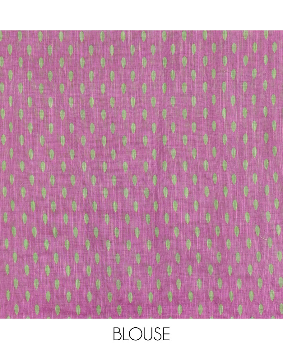 Green thilakam buttas and mirror work khadi mul cotton saree, contrast temple border, striped and buttas pallu, and a contrast printed blouse