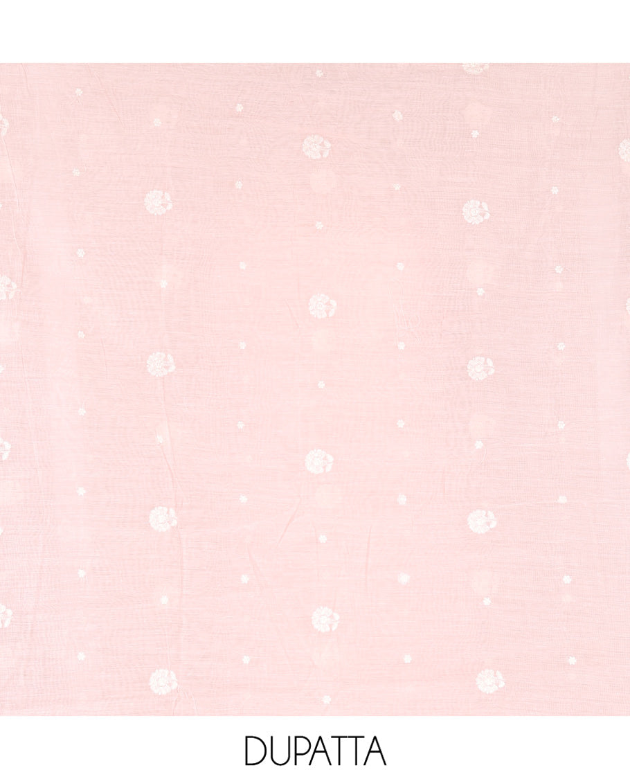 Peach Mul Chanderi Material Chudidar, Lucknowi-Style Embroidery Top, a Santoon Bottom, Scallop Embroidered Dupatta