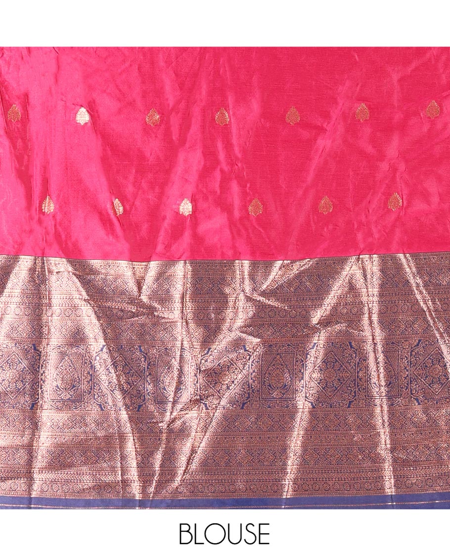Pink-Navy Blue Semi-Banarasi Half-Saree Features Buttas on Skirt, a Contrast Traditional Zari Border, Matching Blouse, and Contrast Satin Georgette Dhavani