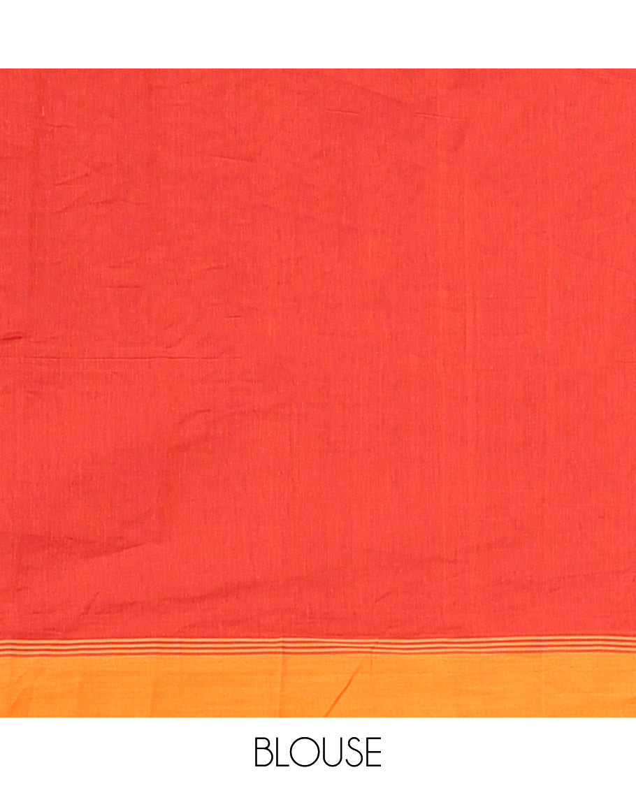 Red Kanchi Cotton Saree, Highlighted by Temple Buttas All Over Its Body, Complemented by a Contrast Border, Pallu Depicts Intricate Designs, and Paired with a Matching Blouse