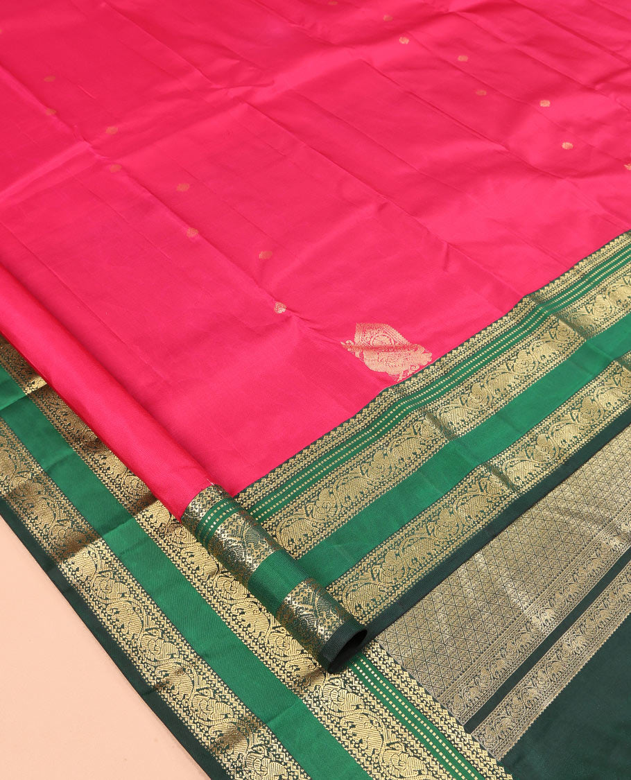 Red Vasundhara Silk Saree, Enriched with Zari Buttas, Contrast Border of Salngai, Muthu, Salngai, and Kofi Yaanai and Mayil Designs, Jaal Pallu, and Contrast Blouse