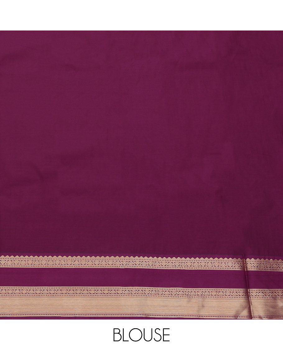 Green Budget Silk Saree, Sparsely Woven with Zari Buttas, Complemented by a Contrast Traditional Zari Rettai Pettu Border, Grand Pallu, and Contrast Blouse