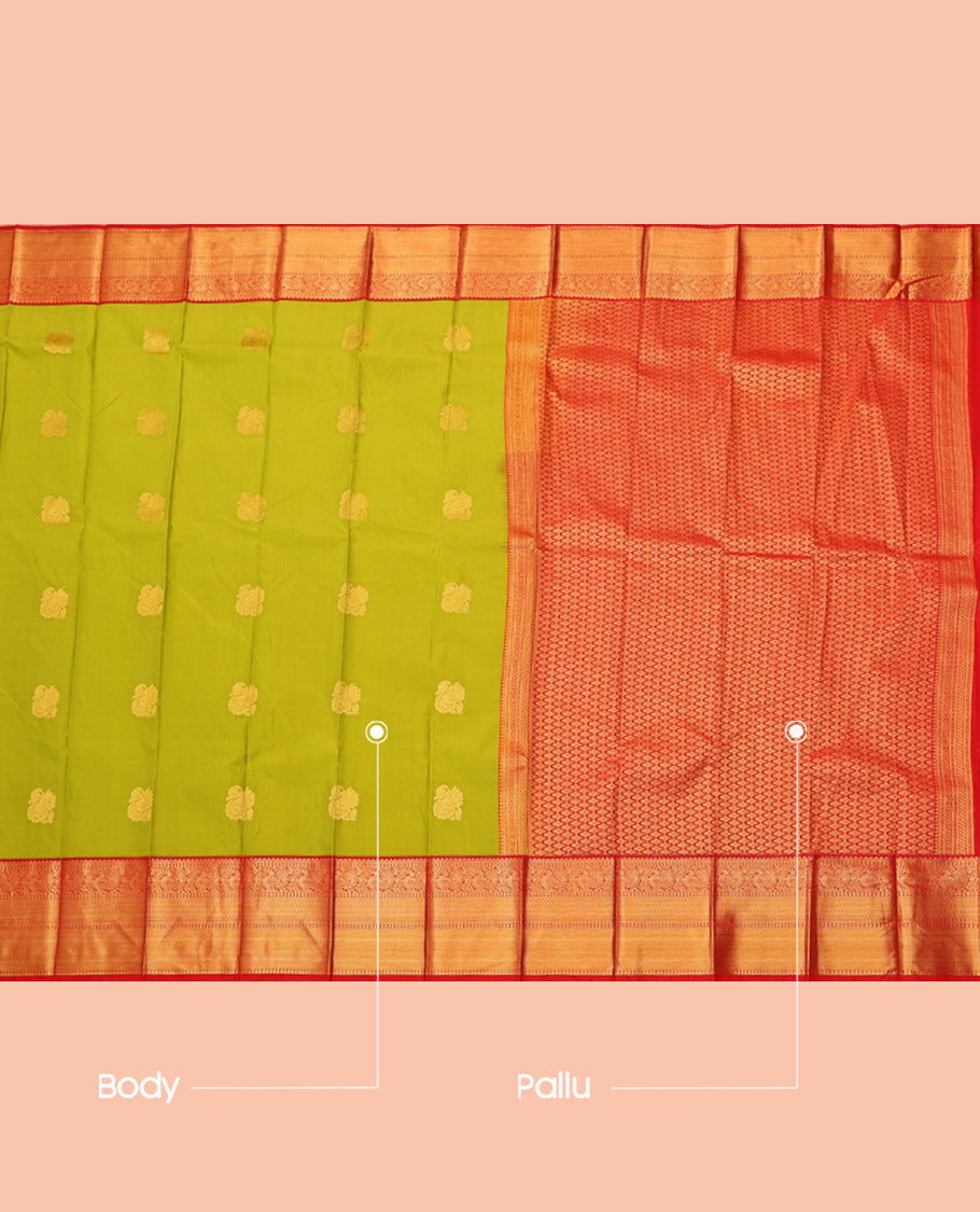 Green Budget Silk Saree, Beautified with Zari Buttas, Complemented by a Contrast Traditional Zari Border, Grand Pallu, and a Contrast Blouse