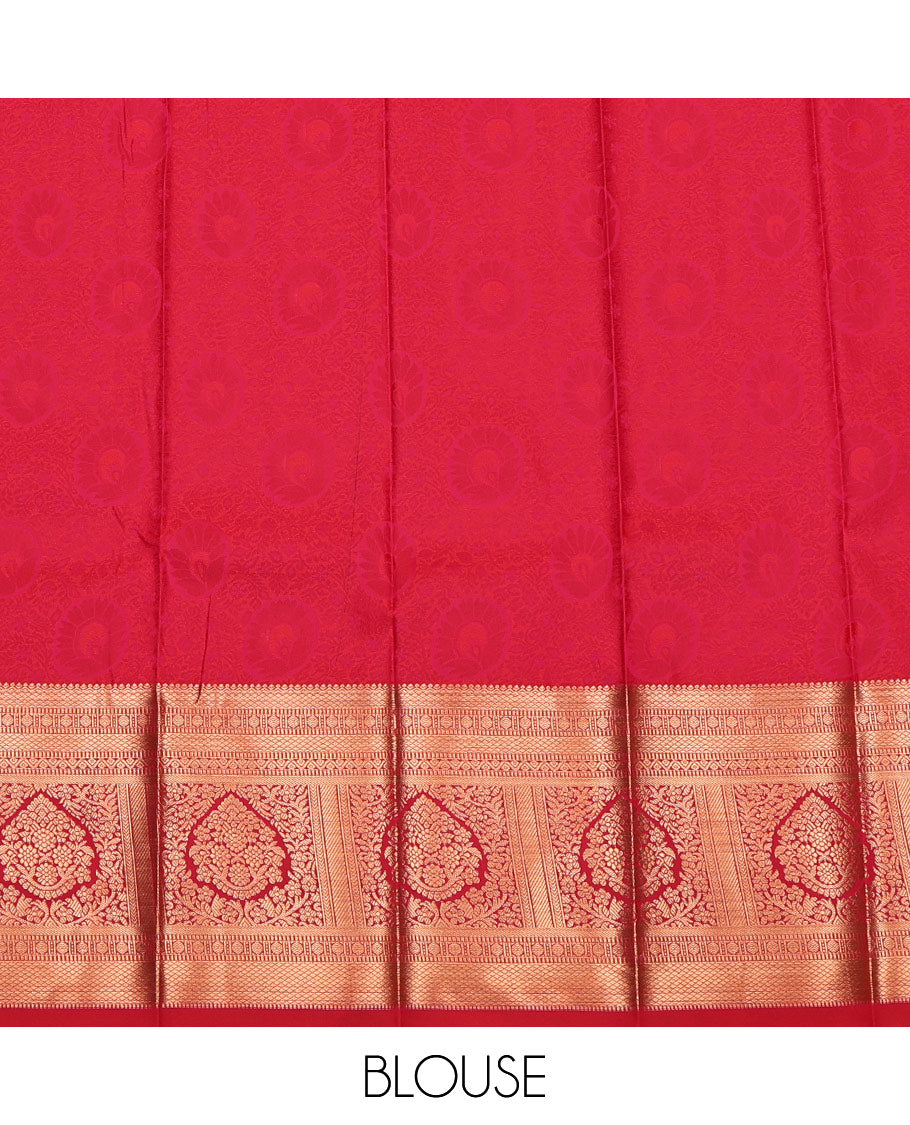 Yellow Budget Silk Saree, Sparsely Threaded with Floral Jacquard, Complemented by Contrast Traditional Zari Border, Jaal Pallu, and a Contrast Blouse