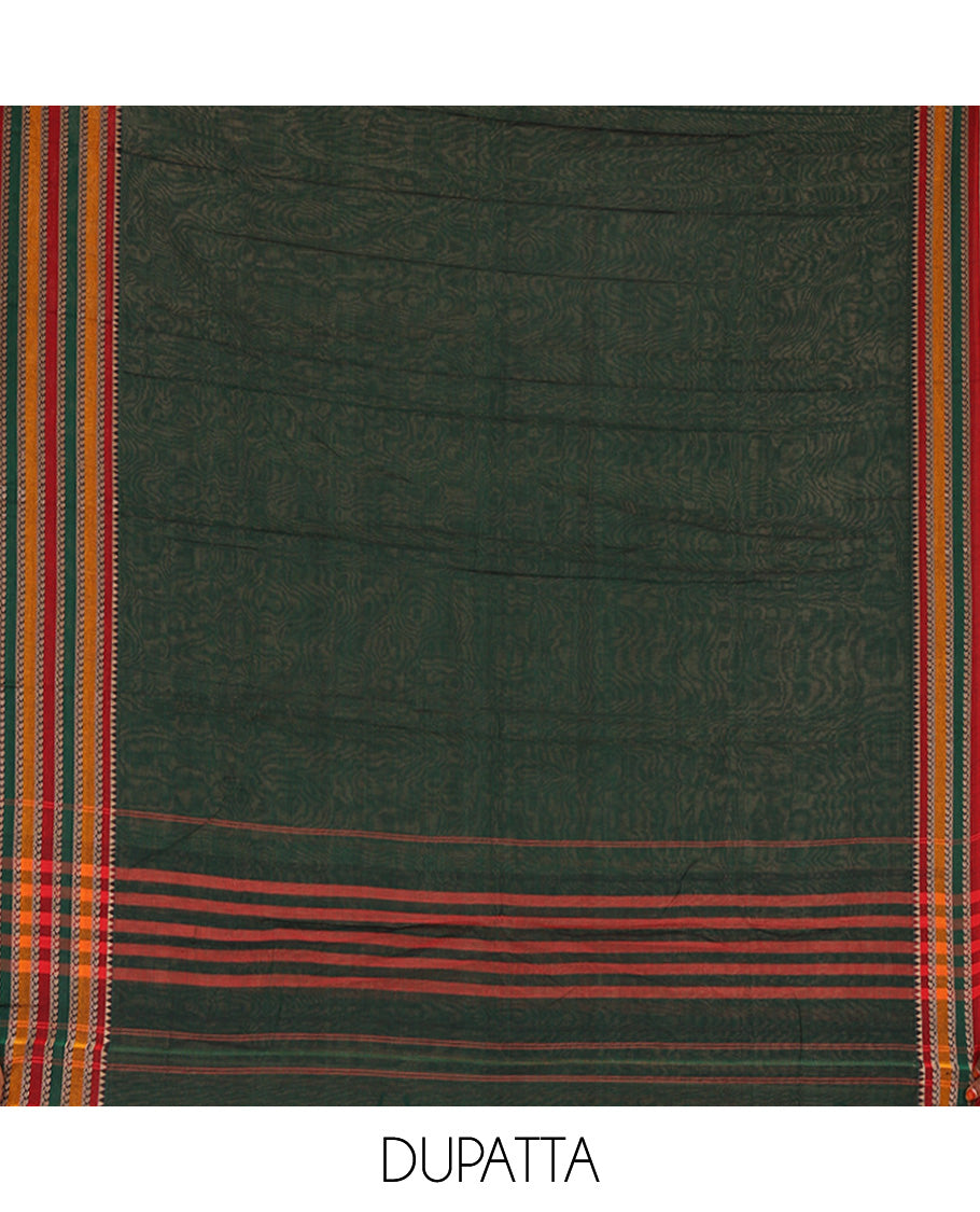 Green Mercerised Cotton Material Churidar Set, Featuring Plain and Traditional Motifs Woven Top, Comes with a Plain Mercerised Cotton Bottom, and Is Paired with a Mercerised Cotton Traditional Motifs Woven Dupatta