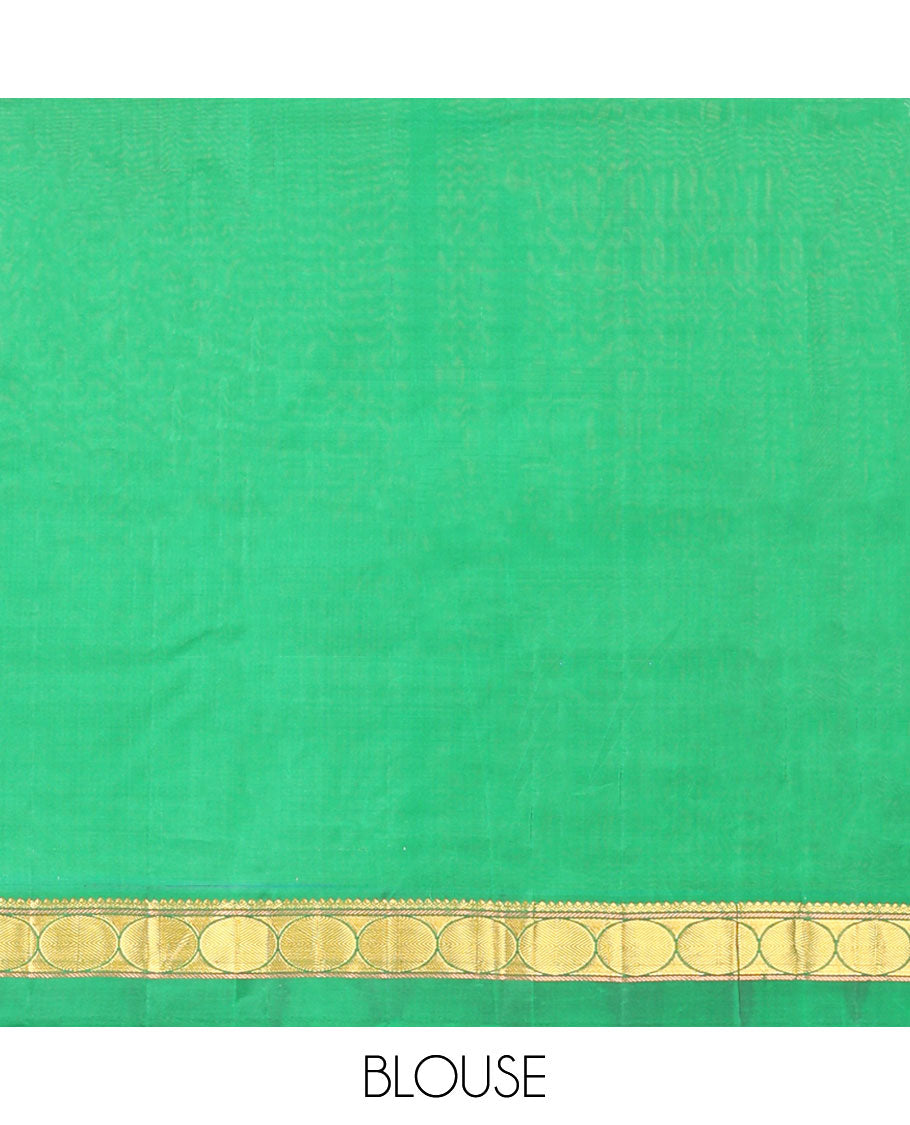 Red striped kancheepuram silk saree with contrast ganga jamuna border of thilakam mokku, banaras, paun & zari design pallu