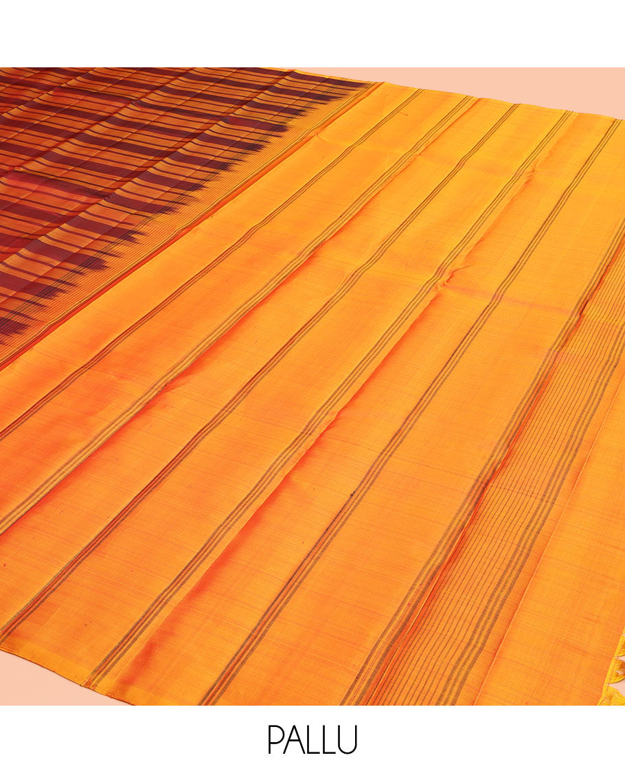 Borderless Red and Yellow Kanchipuram Silk Saree, Delicately Woven with Stripes All Over Its Body, Captivating Contrast Pallu of Stripes, and Paired with a Contrast Blouse