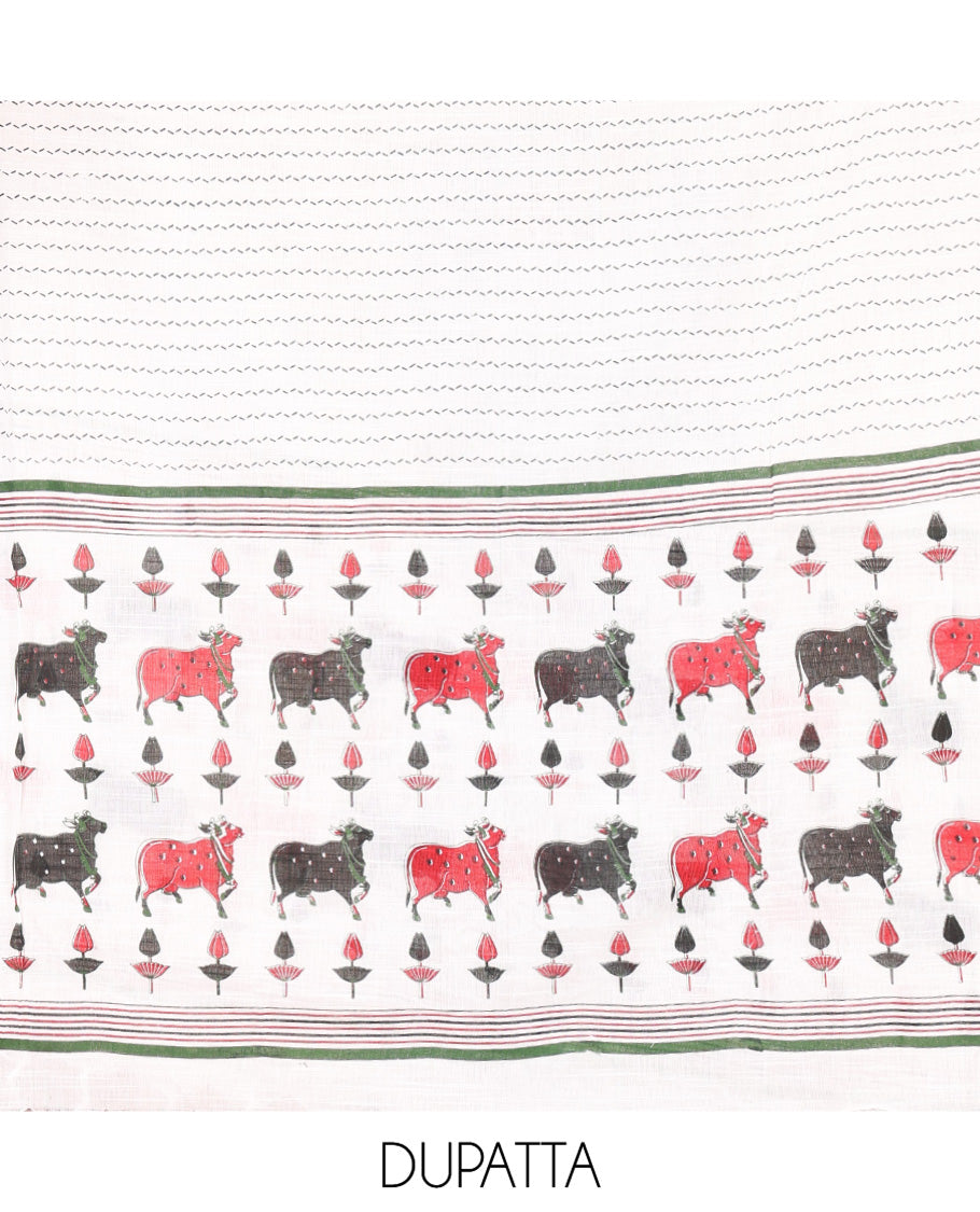Black Material Chudidar Set, Artfully Woven with Pichwai Cow Motifs Embroidered Cotton Top, Complemented by a Contrast Plain Cotton Bottom, Paired with Pichwai Printed Dupatta