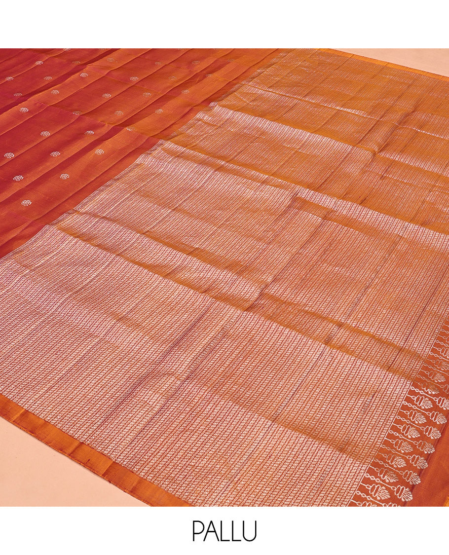 Borderless Orange Mayuri Soft Silk Saree, Entralled with Zari Buttas All Over Its Body, Highlighted by Traditional Zari Designs Woven Pallu, and Paired with a Matching Blouse