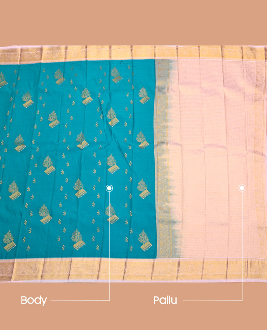 Blue Budget Silk Saree, Woven with Zari Buttas, Complemented by a Contrast Traditional Zari Border, Grand Pallu, and a Contrast Blouse