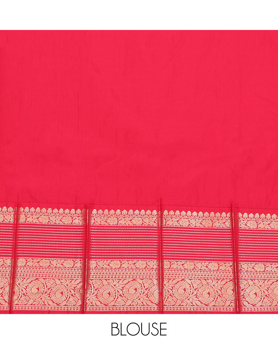 Green Budget Silk Saree, Ornamented with Zari Buttas, Complemented by a Contrast Traditional Zari Border, Grand Jaal Pallu, and a Contrast Blouse