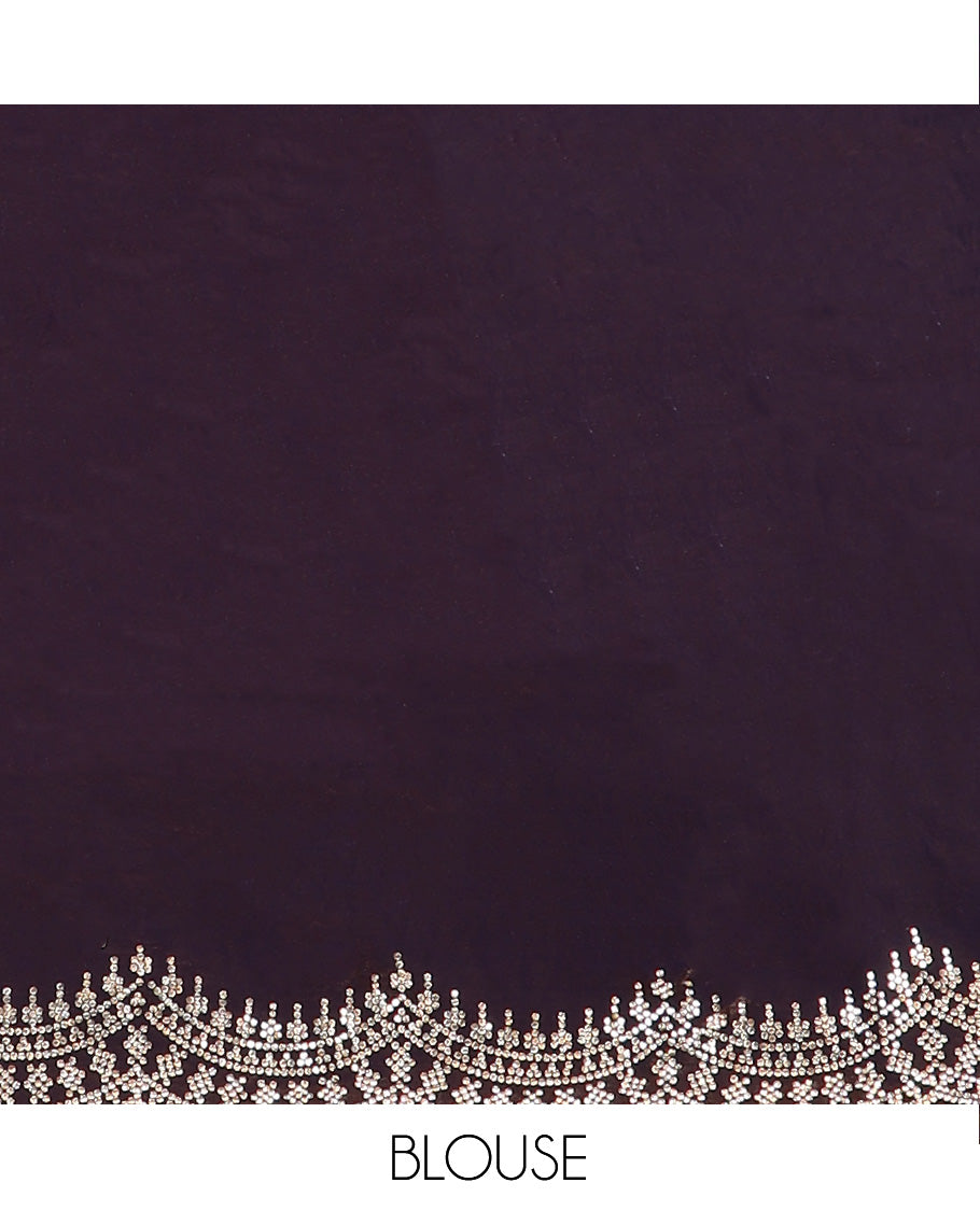 Brown plain designer saree, scallop intricately micro stone work border