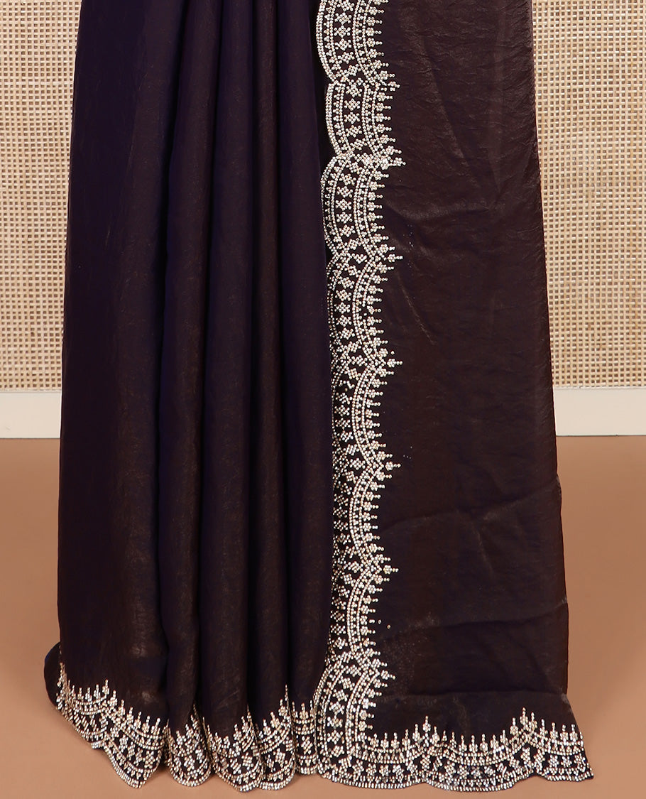 Brown plain designer saree, scallop intricately micro stone work border