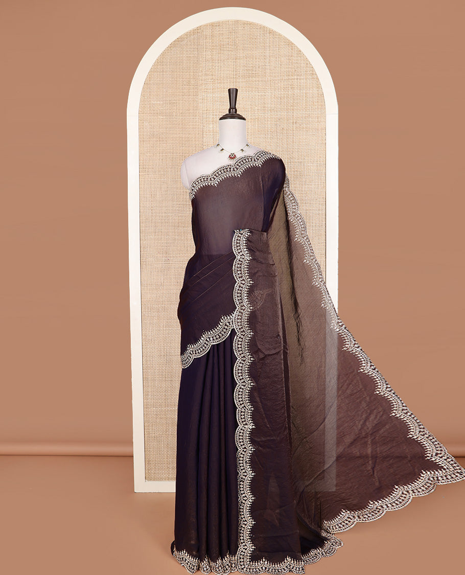 Brown plain designer saree, scallop intricately micro stone work border